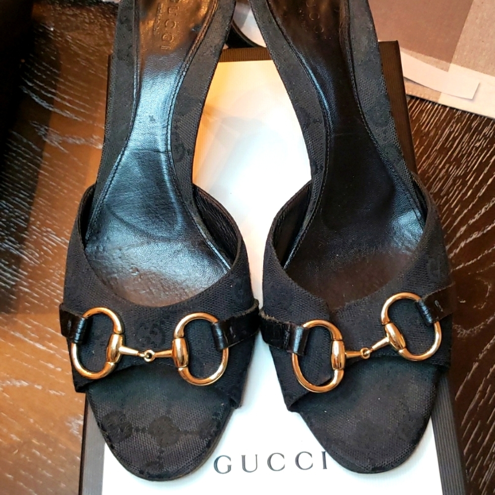 Gucci Black Horsebit GG Monogram Slides